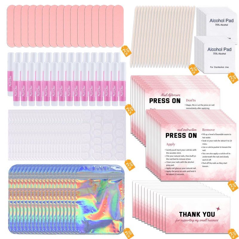 Press On Nail Tool Kit for Business  Prep Application Disposable Kit With File Glue Prep Pads Instruction Card Adhesive Tabs Wood Stick Holographic Bag 50pcs in Pink